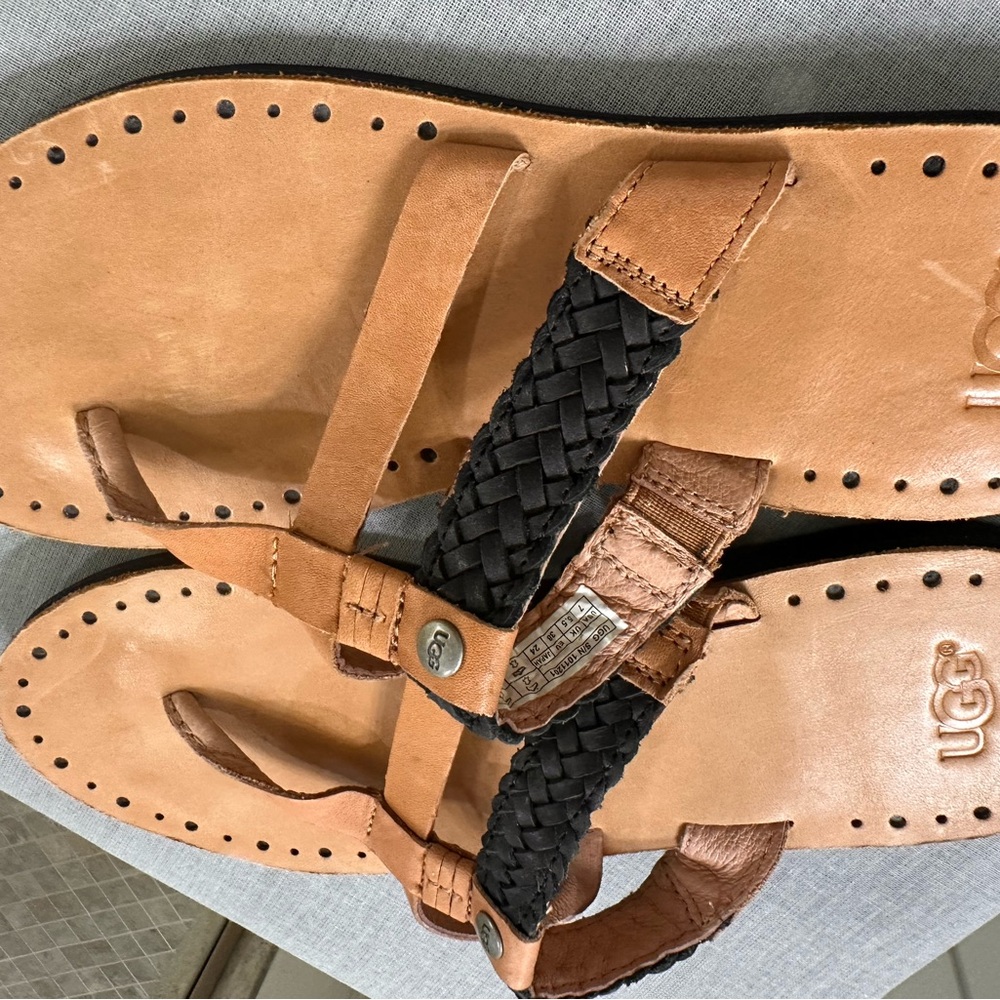 UGG Black and Tan Leather Sandals